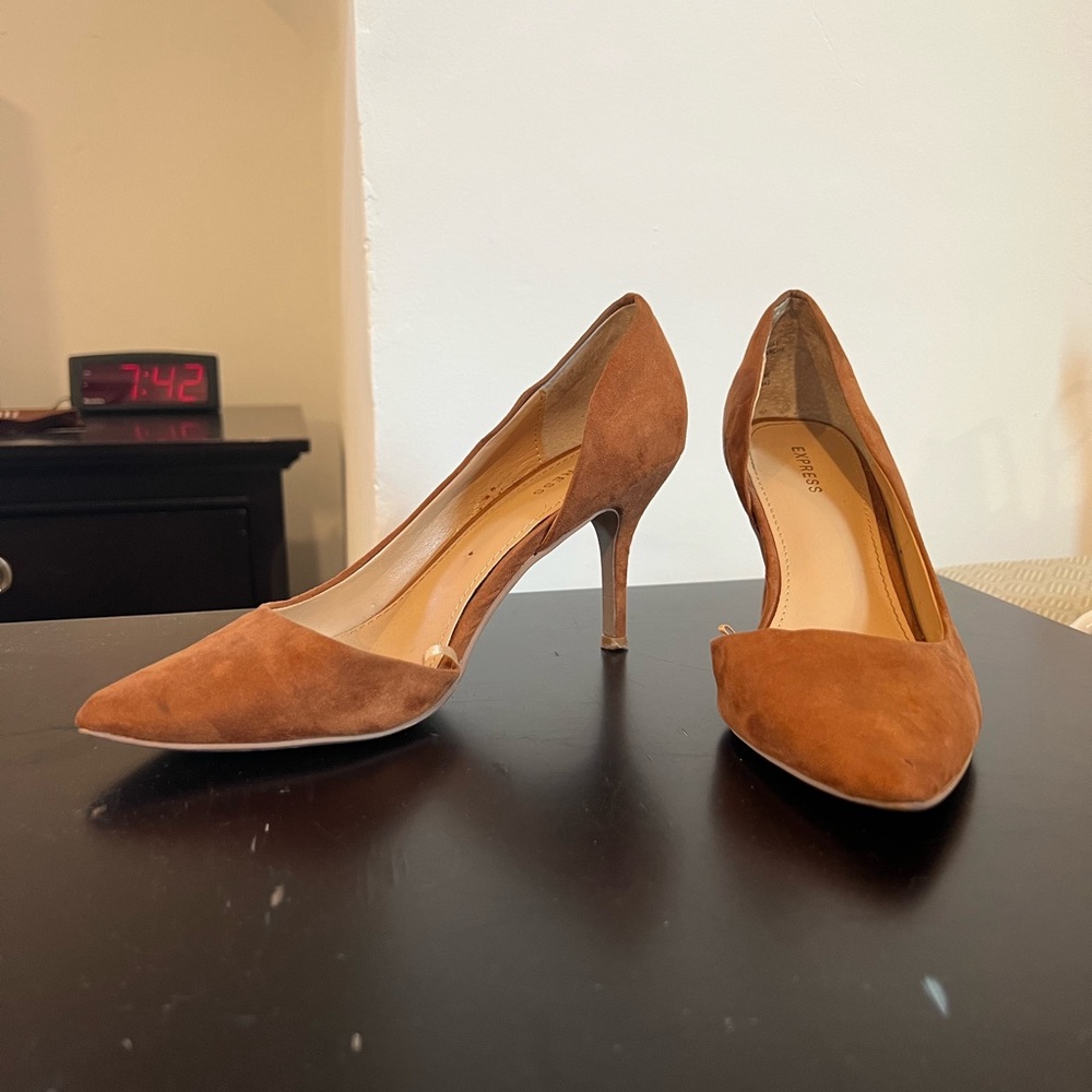 Express Brown Suede Leather Dorsay Tissu Pointed Toe Heels